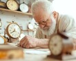 © Ryzhkov - Elderly Craftsman in Antique Shop Polishing Vintage Brass Clock Surrounded by Nostalgic Timepieces
