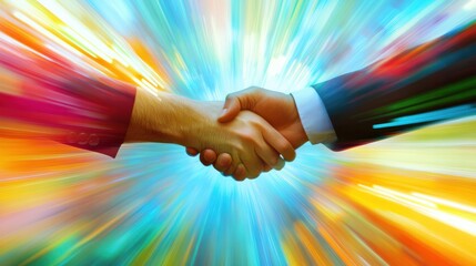 Wall Mural - A blurred view of two business partners shaking hands, with a bright, abstract background symbolizing growth and opportunity.