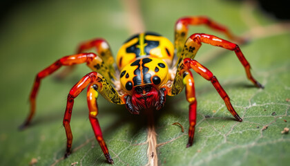 Big poison spider sits in the leaf, colored, close up view, macro