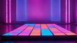© Rabia - A podium designed like a neon lit dance floor with colorful squares that light up in a rhythmic, Ai Generated