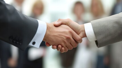 Wall Mural - An overhead view of a complex handshake involving multiple individuals, each dressed in business attire, against a blurred office background.