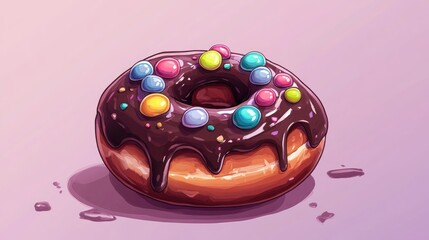 Wall Mural - Chocolate Doughnut Topped with Colorful Candy 2D Cartoon Illustration