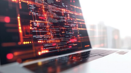 Futuristic 3D representation of software codes flowing from a laptop screen in a digital stream with data nodes