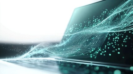 Futuristic 3D representation of software codes flowing from a laptop screen in a digital stream with data nodes