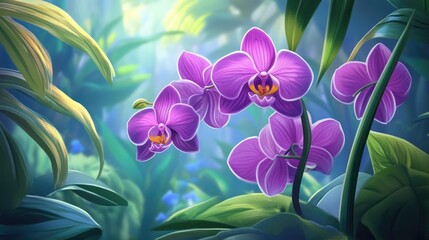 Wall Mural - 2d cartoon illustration of a stunning lifelike orchid accompanied by vibrant leaves eps