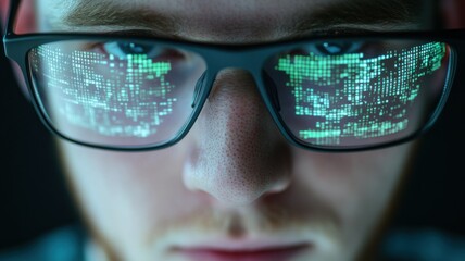 Close-up of a man with glasses reflecting digital data.