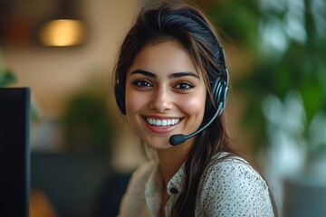 Wall Mural - Smiling Customer Service Representative with Headset and Long Hair