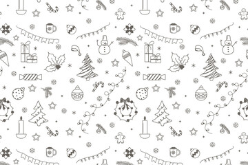 Set of Christmas minimalistic Christmas elements in doodle style on white background. Seamless holiday background of hand drawn Christmas elements. Abstract winter festive winter holiday background
