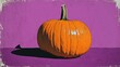 © Seyyar - Retro illustration of a single pumpkin on a vibrant purple background featuring bold shadows designed for seasonal events or creative projects
