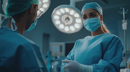 Wall Mural - A surgical team, including a surgeon and an anesthetist, preparing for an emergency procedure in a modern medical clinic.