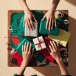 © Dasha Lapshina - Festive scene with hands wrapping colorful holiday gifts in red and green paper, tied with ribbons and bows. Top view of table filled with wrapping supplies, creating cozy, joyful holiday vibe banner