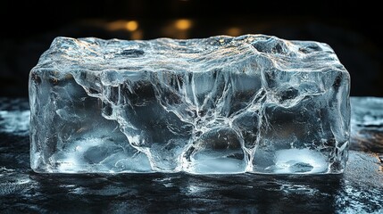Wall Mural - A Single Large Ice Cube On A Black Surface