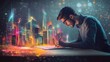 © artbot - A man sketches a vibrant cityscape with colorful lights and structures.