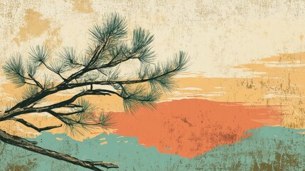 Retro illustration of a pine branch in a serene setting