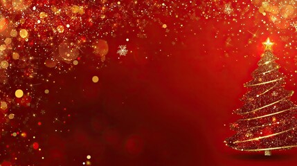 Wall Mural - a beautifully decorated christmas tree adorned with gold stars stands against a deep red background,
