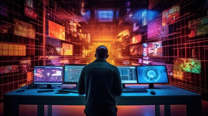 Man in Front of Multiple Screens