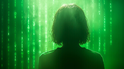 Wall Mural - mysterious silhouette against a green digital background with flowing binary code representing techn