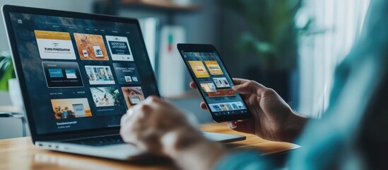 Closeup of a person's hand using a smartphone and laptop.