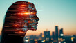 © wannapong - Abstract representation of a woman’s profile blended with futuristic technology and city skyline symbolizing the intersection of human potential and digital advancement.