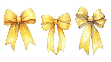 Collection of hand painted watercolor illustrations featuring yellow gift ribbon bows