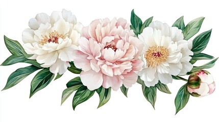 Wall Mural - Watercolor bouquet of peonies featuring a blend of white and pink flowers along with green leaves on a white background Suitable for greeting cards wedding invitations and fabric designs