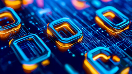 Wall Mural - close-up view of futuristic technology showcase featuring glowing yellow and blue circuit board elem
