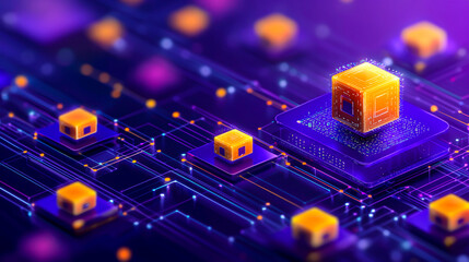 Wall Mural - digital network featuring abstract cubes and vibrant lights, showcasing a futuristic data processing