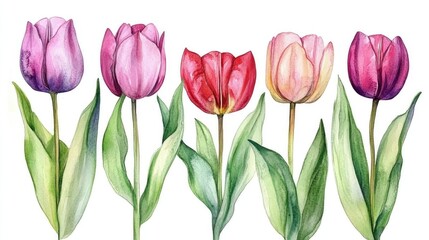 Wall Mural - Watercolor illustrations of tulips for botanical spring themed greeting cards and invitation designs