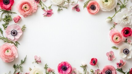 Wall Mural - Watercolor greeting card featuring a floral frame of Ranunculus and anemones