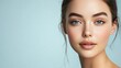 © sarun - Portrait of a young woman with perfect skin and bright eyes, soft lighting enhancing facial contours and smooth complexion, serene background