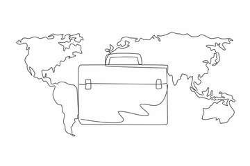 Sticker - Single continuous line drawing briefcase with world map background. Business trip abroad. Conducting comparative study assignments. International Customs Day. One line design vector illustration