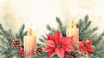 Wall Mural - Watercolor composition featuring fir and pine branches candles and poinsettia flowers perfect for a winter bouquet or holiday greeting card