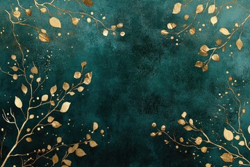 Gold leaves on teal green background