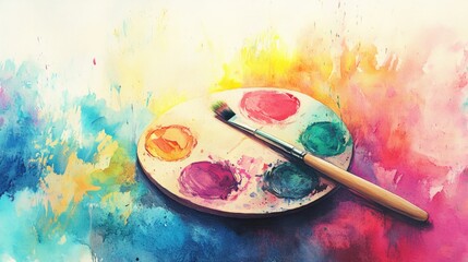 Wall Mural - Watercolor illustration of an artist s palette on a colorful backdrop