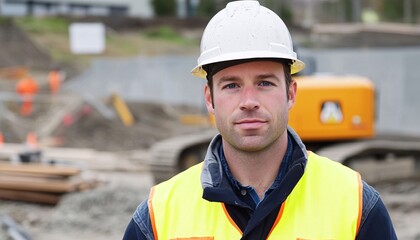 Poster - A construction worker in a helmet and safety vest stands confidently on a building site, with machinery and construction materials in the background.