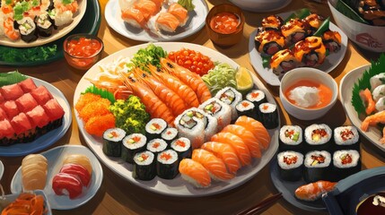 Wall Mural - Seafood Buffet with Sushi Rolls and Asian Inspired Dishes