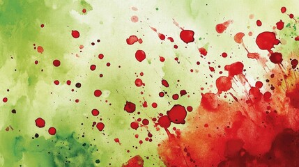 Wall Mural - Watercolor illustration featuring red ink splatters on a green background Close up view