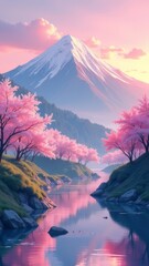 Fototapete - A beautiful mountain landscape with a river and a pink tree