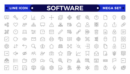 Software Outline icon set. Contains linear outline icons like Web Development, Code, Website, Cloud, App, Data, Software, Algorithm, Api, Build, Program. Big UI icon set in a flat design.