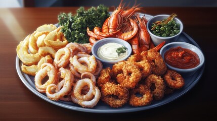 Wall Mural - Seafood platter with fried calamari, shrimp, and dipping sauces