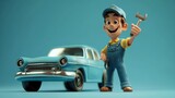 Cartoon Mechanic Holding Wrench Next to Classic Car