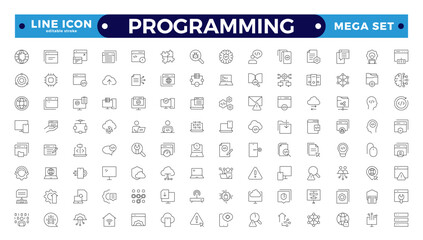 Programming Outline icon set. Contains linear outline icons like Web Development, Code, Website, Cloud, App, Data, Software, Algorithm, Api, Build, Program. Editable stroke outline icon.

