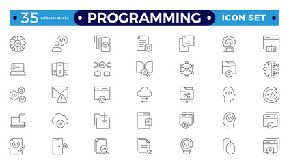 Programming Outline icon set. Contains linear outline icons like Web Development, Code, Website, Cloud, App, Data, Software, Algorithm, Api, Build, Program. Editable stroke outline icon.
