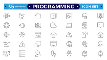 Programming Outline icon set. Contains linear outline icons like Web Development, Code, Website, Cloud, App, Data, Software, Algorithm, Api, Build, Program. Editable stroke outline icon.
