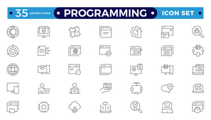 programming outline icon set. contains linear outline icons like web development, code, website, clo