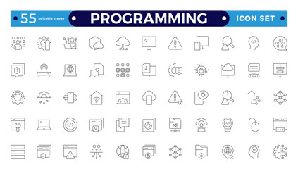 Programming Outline icon set. Contains linear outline icons like Web Development, Code, Website, Cloud, App, Data, Software, Algorithm, Api, Build, Program. Editable stroke outline icon.
