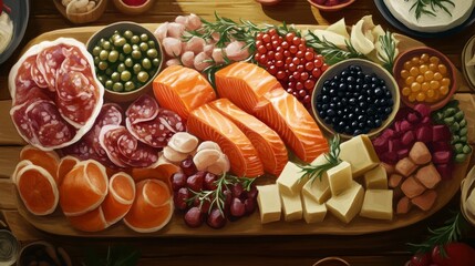 Wall Mural - Charcuterie board with smoked salmon, caviar, and cheese at a seafood brunch