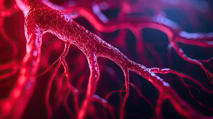 Wall Mural - detailed close-up of red neural structures against a dark background.