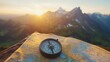 © artbot - A compass rests on a map with mountains and a sunset in the background, symbolizing adventure.