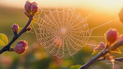 A spider web is on a branch of a pink flower. The web is very intricate and has a lot of detail. The image has a peaceful and serene mood